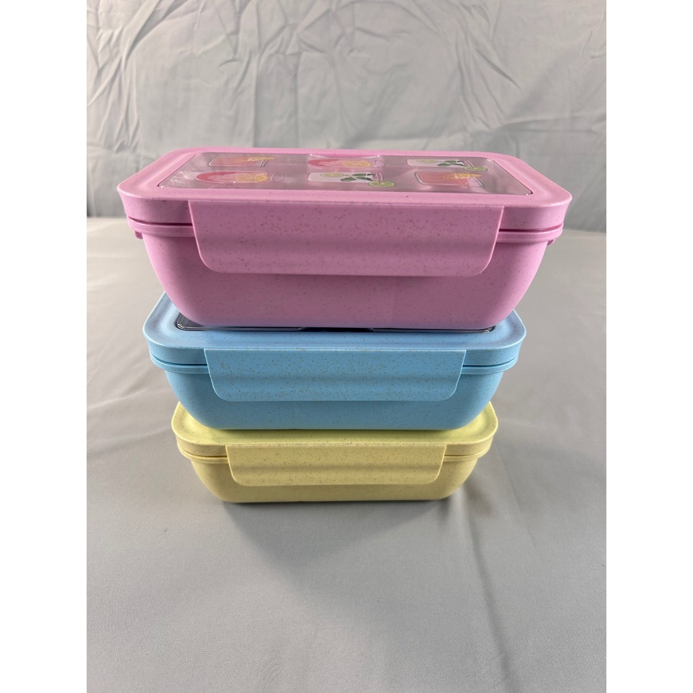 3pc Box Set Pastel Pink‎ Blue Yellow Divided Lunch Containers missing utensils